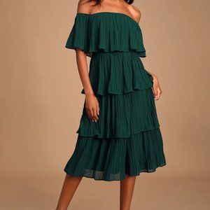 Gala Ready Forest Green Off-the-Shoulder Ruffle Midi Dress